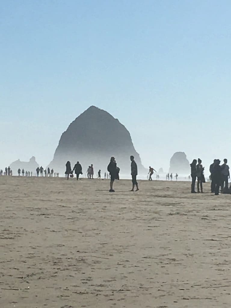 People in a sandy area by large mountains